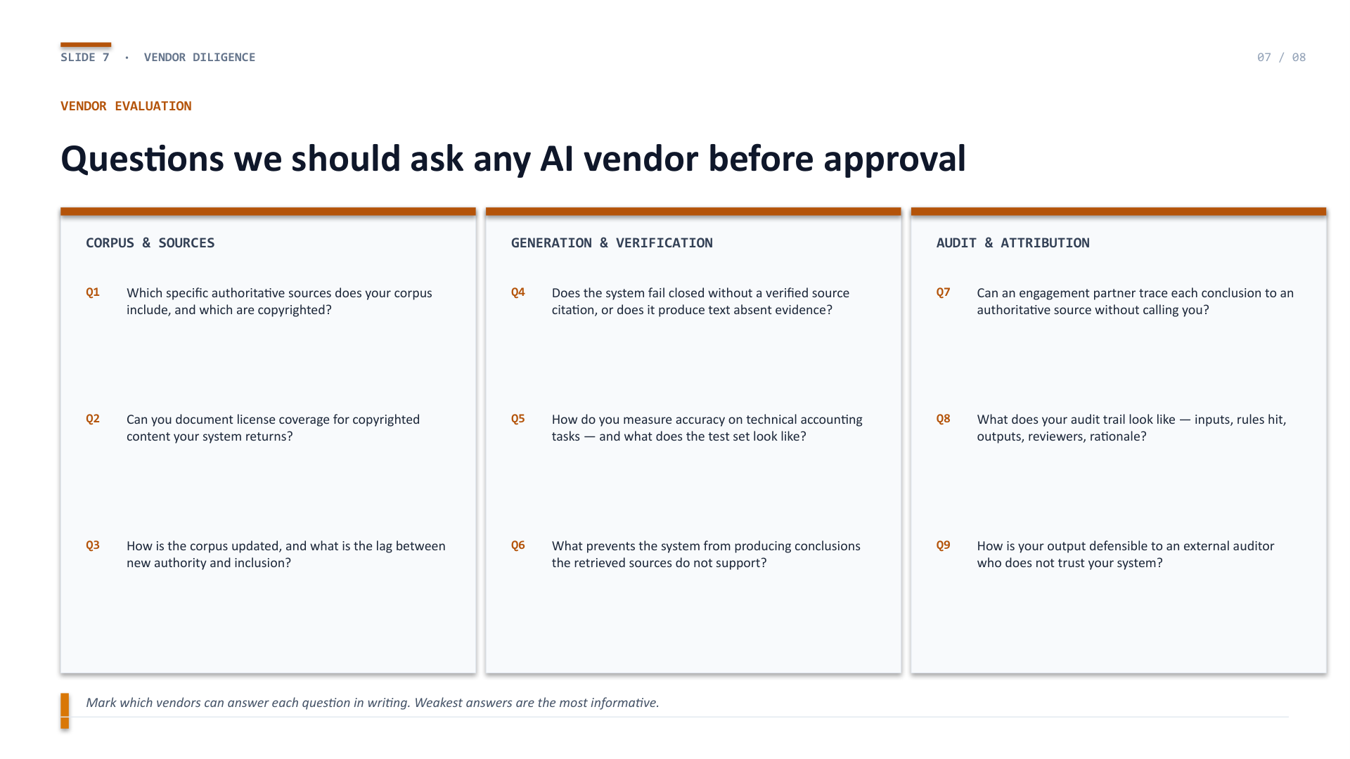Slide 7 — Nine vendor evaluation questions in three domains